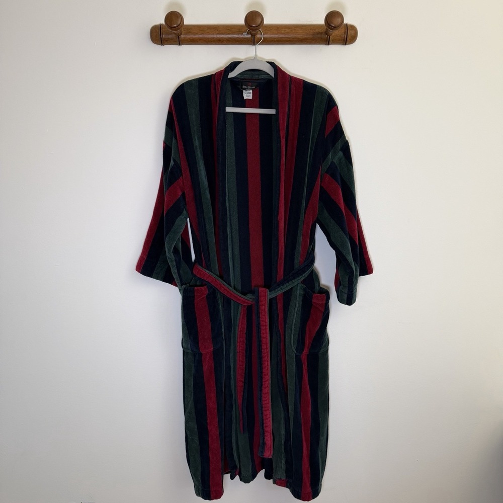 VTG Bill Blast Mens Terry Robe 100% Cotton OS Red Blue Green Striped Heavyweight